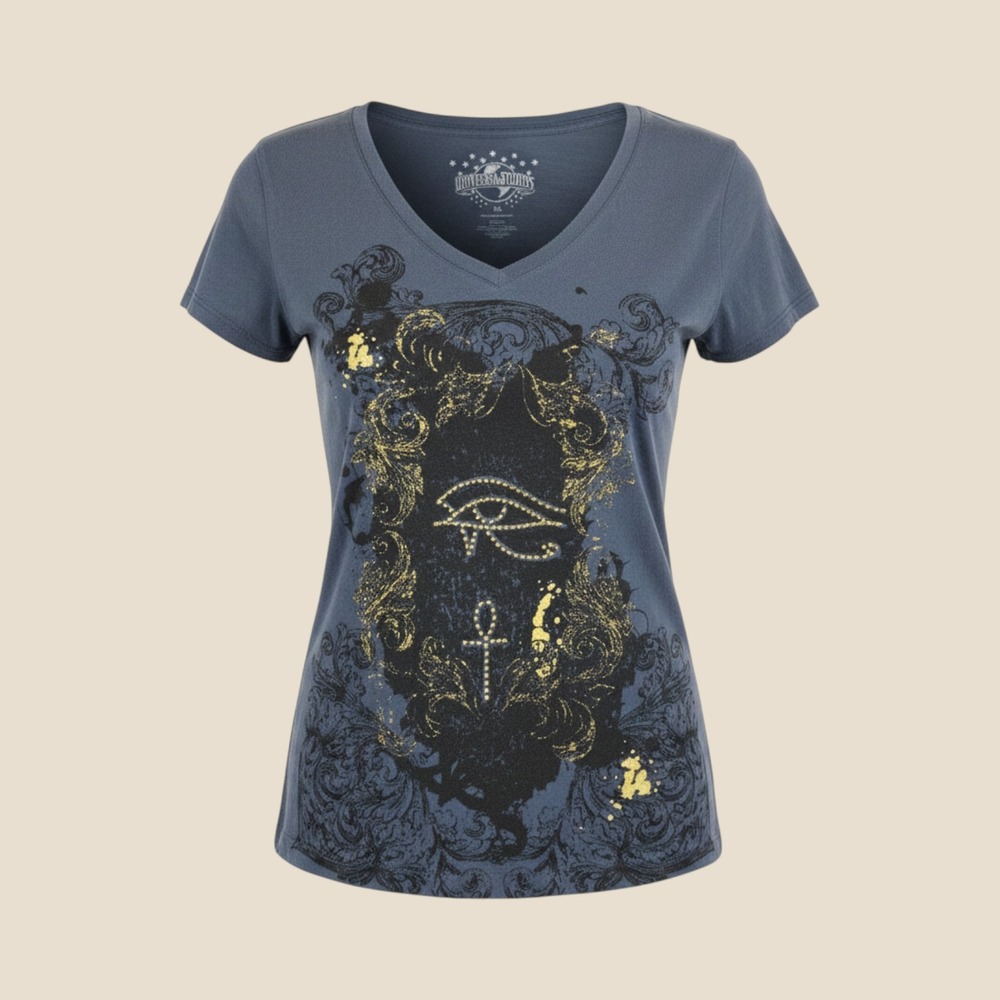 Universal Studios Womens XL V-Neck Graphic Tee Eye of Horus Ankh Blue Glitter